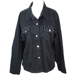 Vintage Y2K Black Denim Jacket Studded Rhinestones Jane Ashley Cotton Plus 1X